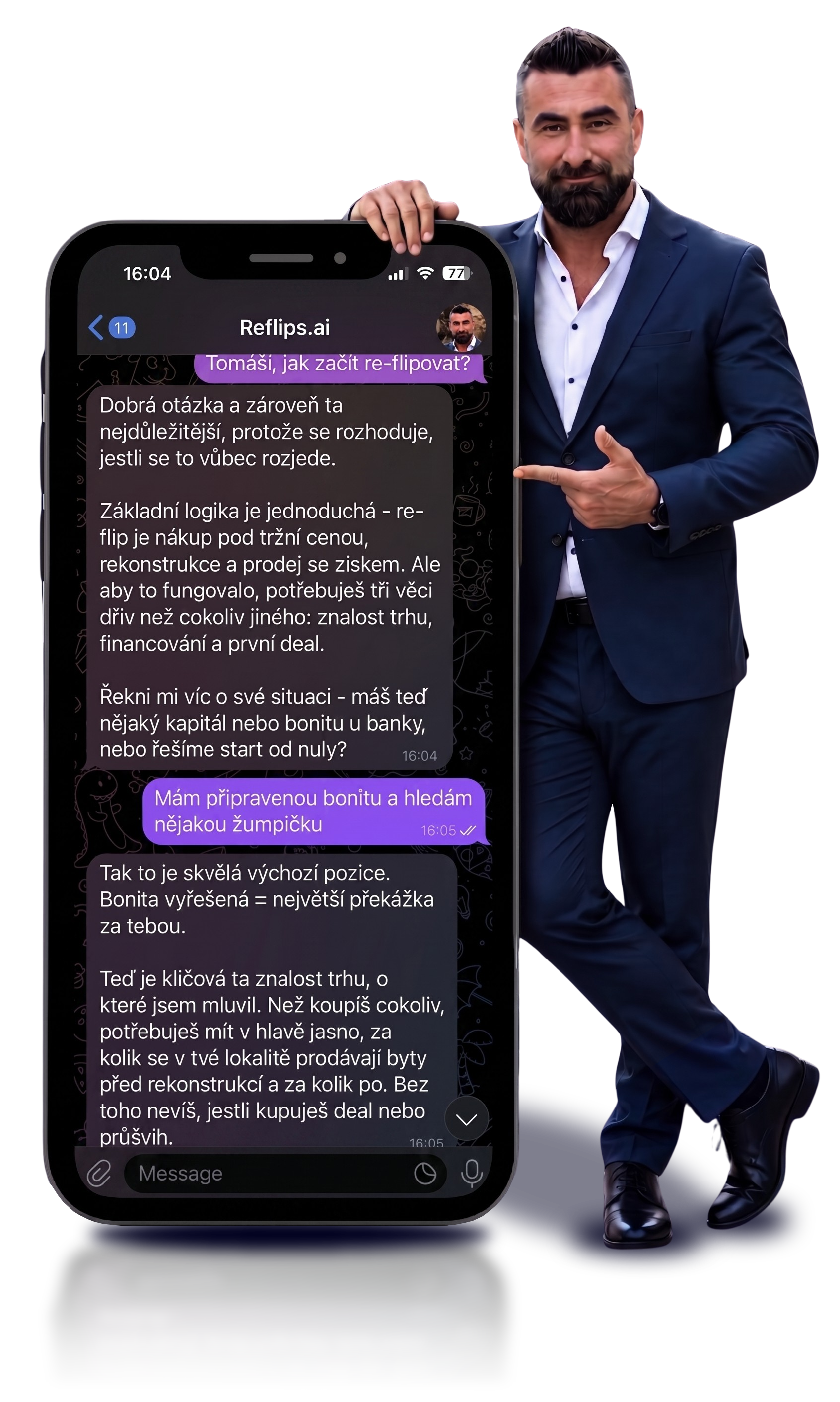 Tomáš Bumbálek u chatu ReFlips.ai v telefonu